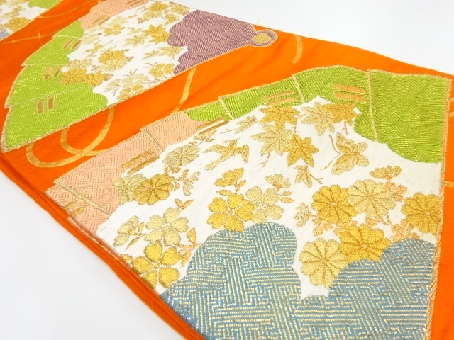 アンティーク　桧扇に花鳥蝶模様織り出し袋帯（材料）